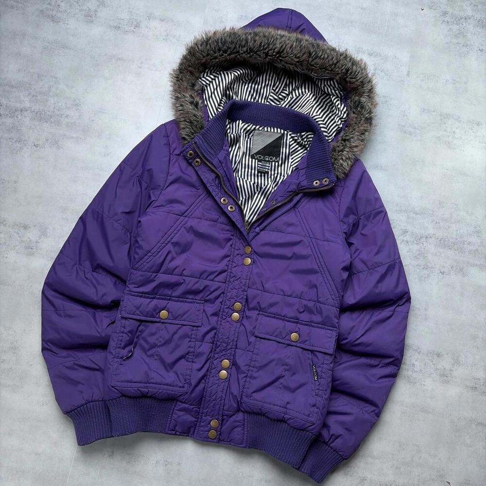 Y2K Purple Volcom Grunge Skater Faux Fur Hooded Puffer Jacket - Picture 3 of 8